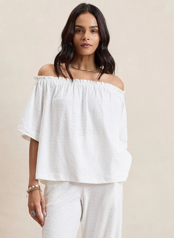 Femmella Femmella Knitted Schiffli Off Shoulder Neck Top
