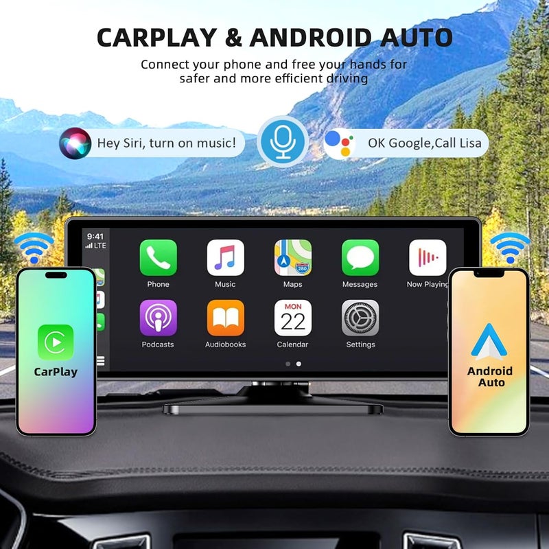 NFOIEIS 10.26 Inch Wireless Car Stereo with Apple Carplay & Android Auto, Touch Screen GPS Navigation, 4K Front Dash Cam, 1080P Backup Camera, Voice Control, 64GB TF - Image 2