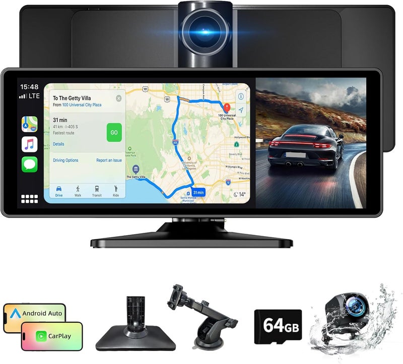 NFOIEIS 10.26 Inch Wireless Car Stereo with Apple Carplay & Android Auto, Touch Screen GPS Navigation, 4K Front Dash Cam, 1080P Backup Camera, Voice Control, 64GB TF - Image 1