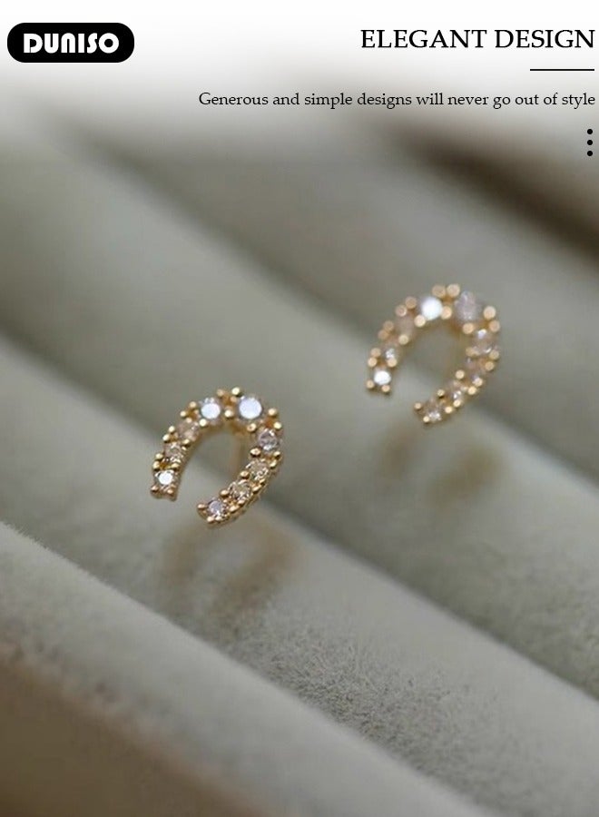 DUNISO Women's U-shaped Stud Earrings,S925 Sterling Silver 14K Gold Plating Studs,U-Shaped Diamond Stud Earrings,Fashionable Lightweight Hypoallergenic Stud Earring for Women Girls Jewelry Gift - Image 3