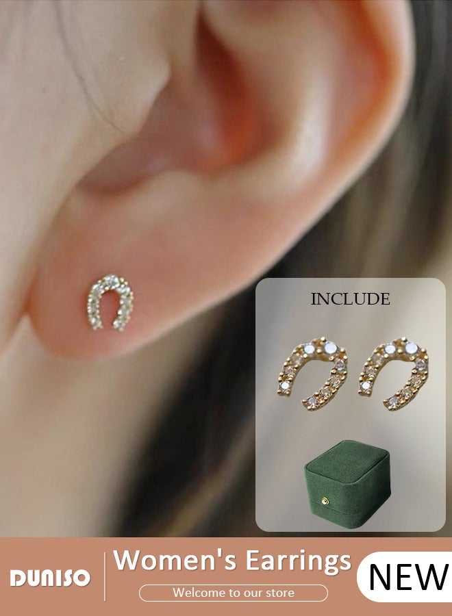 DUNISO Women's U-shaped Stud Earrings,S925 Sterling Silver 14K Gold Plating Studs,U-Shaped Diamond Stud Earrings,Fashionable Lightweight Hypoallergenic Stud Earring for Women Girls Jewelry Gift - Image 1