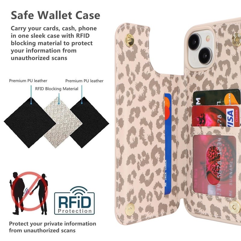 iCoverCase Compatible with iPhone 14 Case with Card Holder, Wallet Case for Women Men RFID Blocking PU Leather Protective Phone Case 6.1 Inch (Beige Leopard) - Image 4