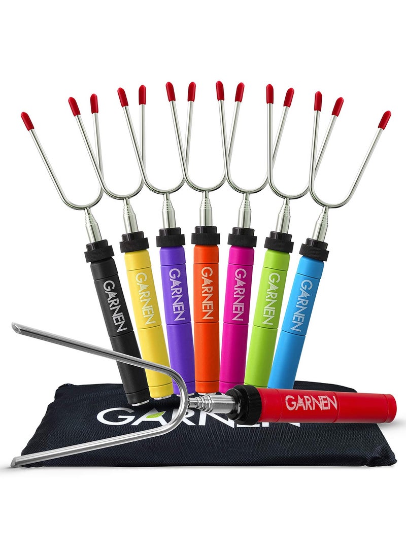 Fosmon Fosmon Garnen BBQ Marshmallow Roasting Smores Sticks with Pouch 8 Packs 34 inch Extendable Rotating Stainless Steel Skewer Fork with Plastic Handle for Kids Camping Grill Campfire Firepit 