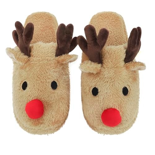 Holiberty Cute Animal Warm Faux Fur House Slippers for Women Ladies Girls Funny Christmas Costume Accessories Reindeer Antler Fuzzy Indoor Home Shoes Memory Foam Non-slip Winter Plush Cozy Bedroom Slippers - Image 1