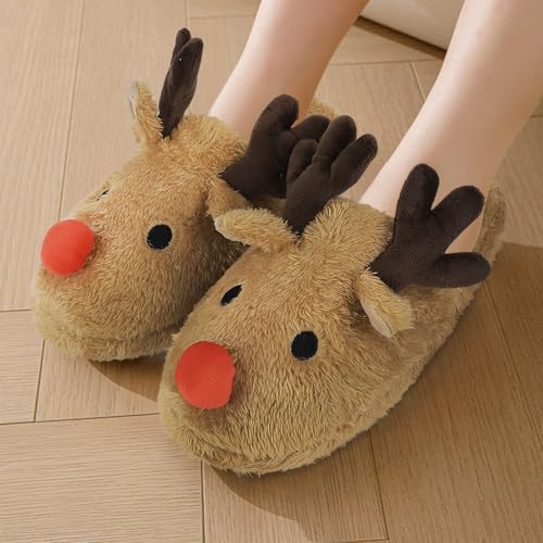 Holiberty Cute Animal Warm Faux Fur House Slippers for Women Ladies Girls Funny Christmas Costume Accessories Reindeer Antler Fuzzy Indoor Home Shoes Memory Foam Non-slip Winter Plush Cozy Bedroom Slippers - Image 2