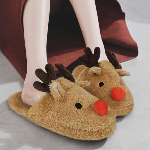 Holiberty Cute Animal Warm Faux Fur House Slippers for Women Ladies Girls Funny Christmas Costume Accessories Reindeer Antler Fuzzy Indoor Home Shoes Memory Foam Non-slip Winter Plush Cozy Bedroom Slippers - Image 3