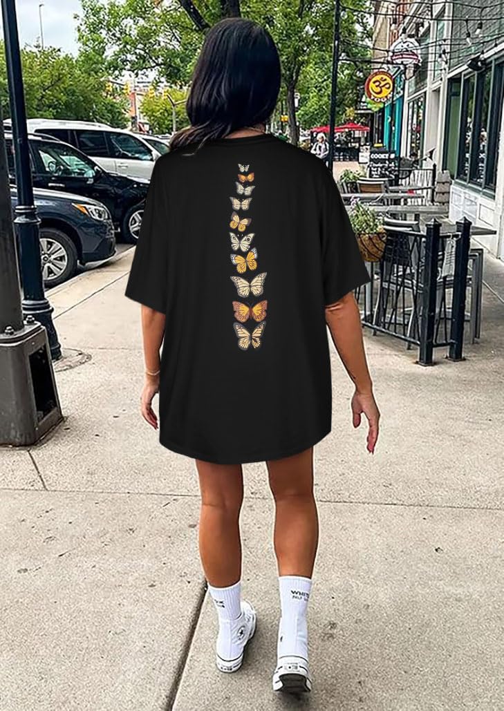 rosemia Womens Oversized Tshirt Graphic Tees Crew Neck Summer Short Sleeve Loose Fit Tops (A-Butterfly Print Black, S) - Image 2