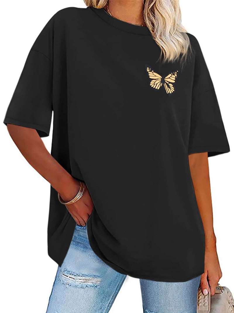 rosemia Womens Oversized Tshirt Graphic Tees Crew Neck Summer Short Sleeve Loose Fit Tops (A-Butterfly Print Black, S) - Image 1