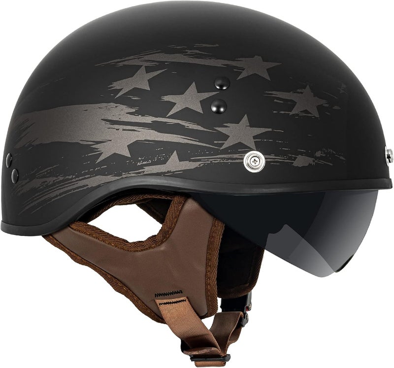 VCAN Cruiser Solid Flat Black Half Face Motorcycle Helmet with Drop-Down Sun Visor - Image 3