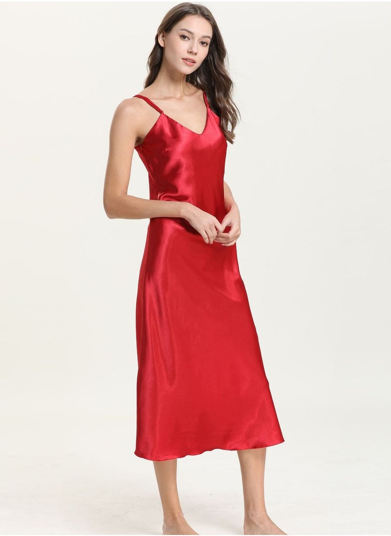 Loquat - Women's Solid Color Nightgown Slip Dress With Adjustable Strap Soft Loungewear Homewear Red - Image 1