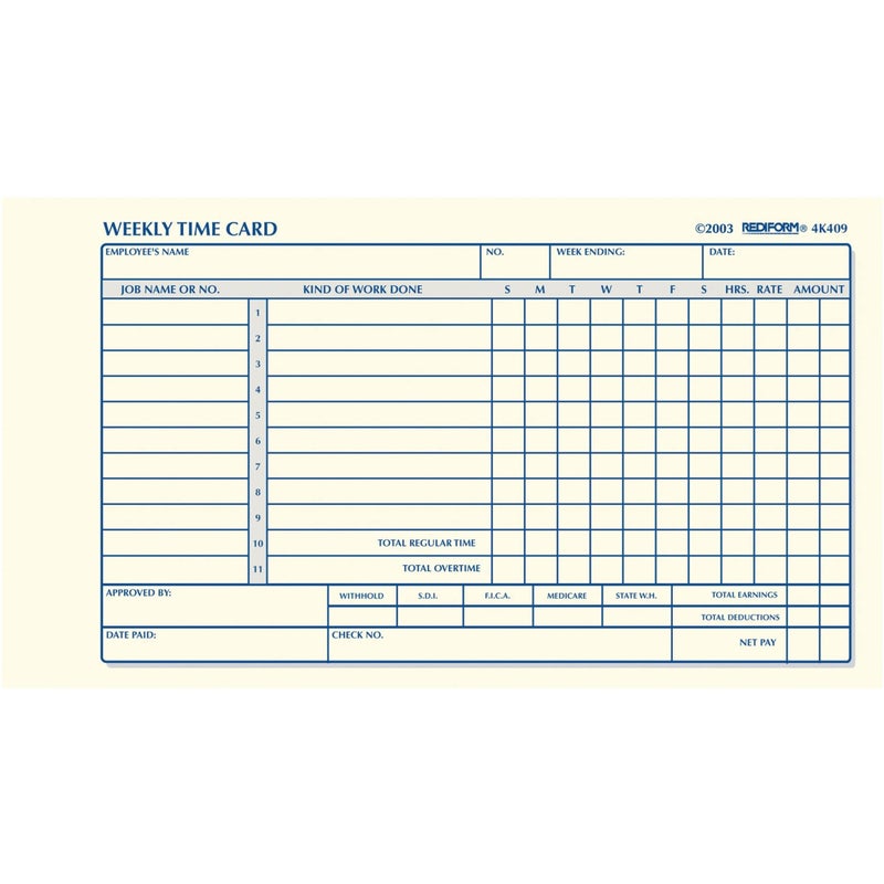 Rediform Employee Time Card Weekly Green EyeEase Paper 425 x 7 100 Cards Per Pad 4K409