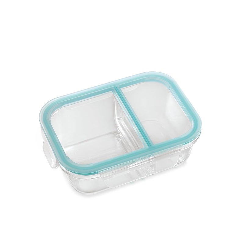 ATTRO Glassox Lunch Box with Two Compartment Locking Lid Borosilicate Glass Container Microwave Freezer Safe AirTight LeakProof 580Ml Transparent - Image 1