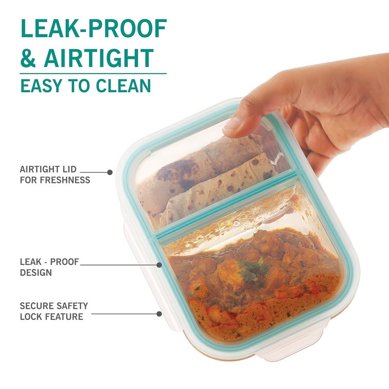 ATTRO Glassox Lunch Box with Two Compartment Locking Lid Borosilicate Glass Container Microwave Freezer Safe AirTight LeakProof 580Ml Transparent - Image 2