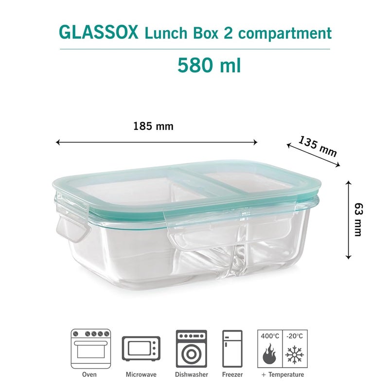 ATTRO Glassox Lunch Box with Two Compartment Locking Lid Borosilicate Glass Container Microwave Freezer Safe AirTight LeakProof 580Ml Transparent - Image 3