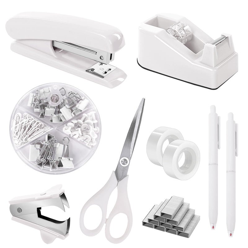 SKYDUE White Office Supplies Set, Desk Accessories, Stapler, Tape Dispenser, Scissors, Binder/Paper Clips and 1000pcs Staples, Office Decor for Women - Image 1