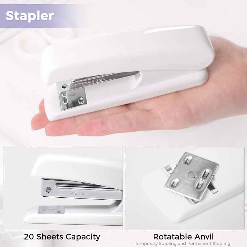 SKYDUE White Office Supplies Set, Desk Accessories, Stapler, Tape Dispenser, Scissors, Binder/Paper Clips and 1000pcs Staples, Office Decor for Women - Image 2