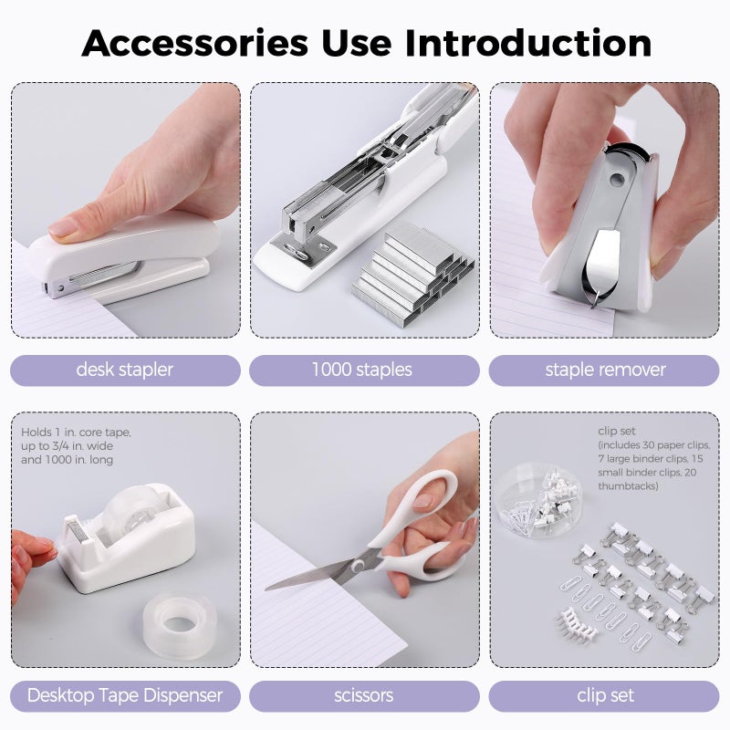 SKYDUE White Office Supplies Set, Desk Accessories, Stapler, Tape Dispenser, Scissors, Binder/Paper Clips and 1000pcs Staples, Office Decor for Women - Image 5