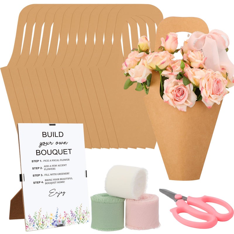 Tinlade 35 Pcs Flower Bar Kit Include Bouquet Wrapping Gift Bags with Handle Flower Bar Stand Scissors and Chiffon Ribbons for Wedding Bridal Baby Shower Birthday Party Favors Supplies Craft - Image 2