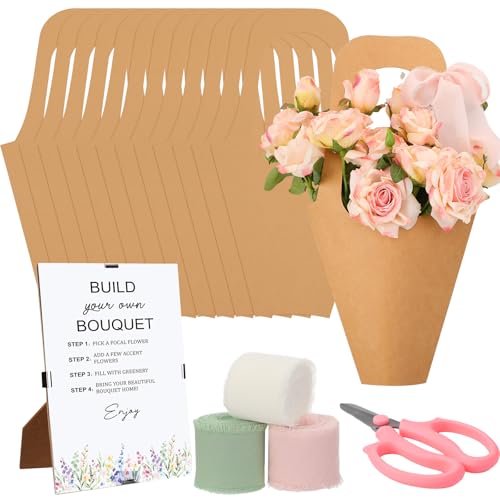 Tinlade 35 Pcs Flower Bar Kit Include Bouquet Wrapping Gift Bags with Handle Flower Bar Stand Scissors and Chiffon Ribbons for Wedding Bridal Baby Shower Birthday Party Favors Supplies Craft - Image 1