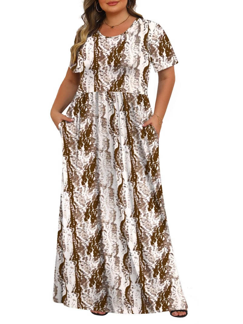 Tencede Womens Plus Size Maxi Dresses Summer 2026 Casual Short Sleeve with Pockets Long Dress Brown Snake Skin 3X - Image 1