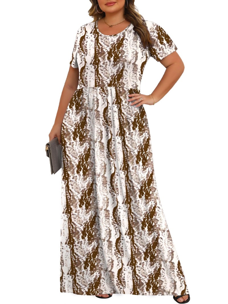 Tencede Womens Plus Size Maxi Dresses Summer 2026 Casual Short Sleeve with Pockets Long Dress Brown Snake Skin 3X - Image 2