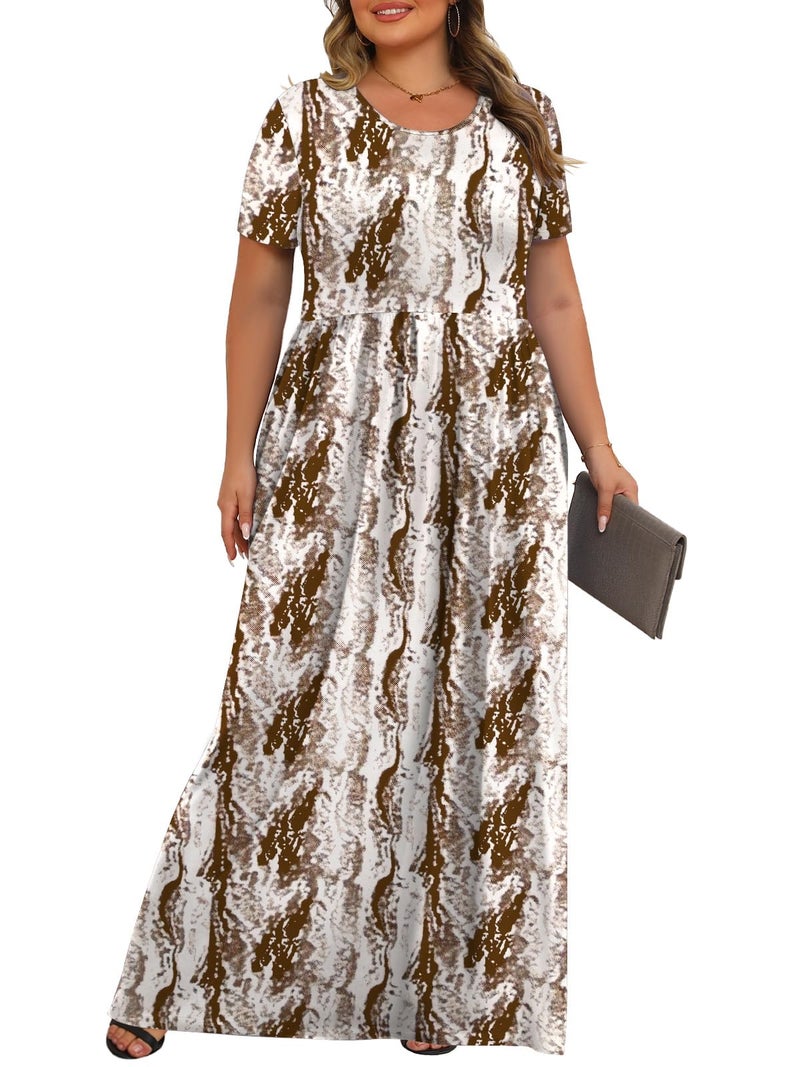 Tencede Womens Plus Size Maxi Dresses Summer 2026 Casual Short Sleeve with Pockets Long Dress Brown Snake Skin 3X - Image 3
