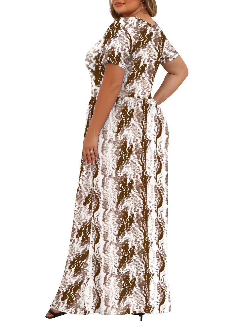 Tencede Womens Plus Size Maxi Dresses Summer 2026 Casual Short Sleeve with Pockets Long Dress Brown Snake Skin 3X - Image 4