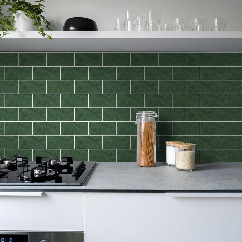 Alwayspon 30cmX15cmX10Pcs Vinyl Wall Tile Sticker, Waterproof Self-Adhesive Decals for Kitchen Bathroom, Peel and Stick PVC Transfer, Dark Green - Image 5