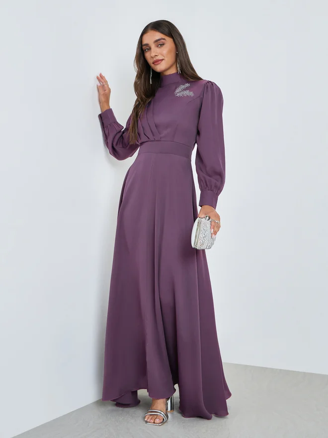 Styli Purple Embellished Cuff Sleeves Maxi Dress