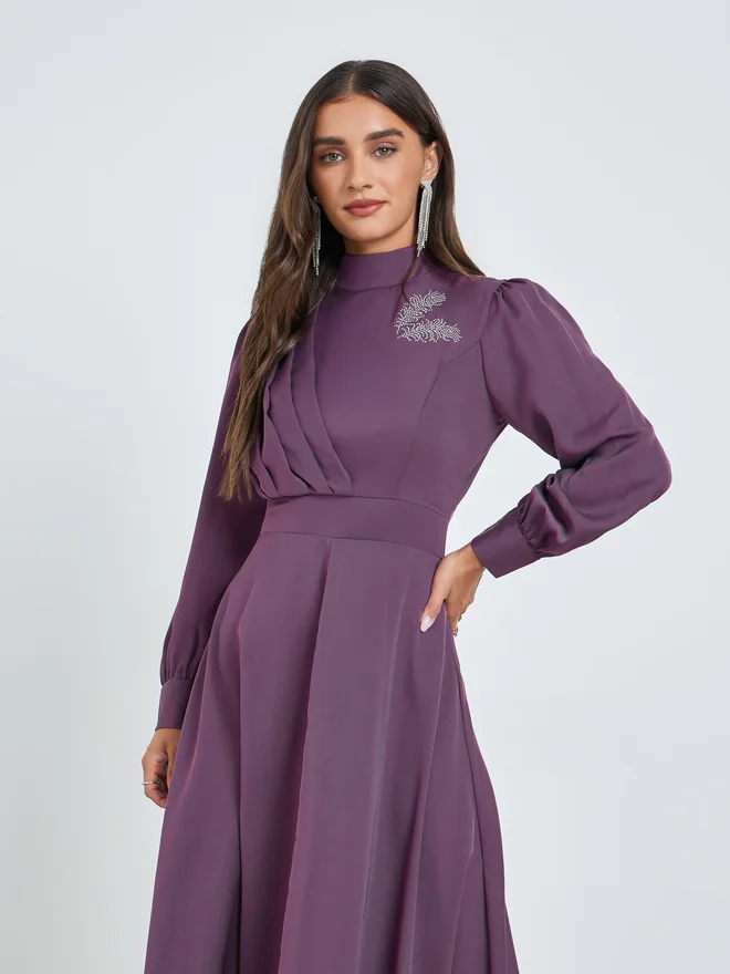 ستايلي Styli Purple Embellished Cuff Sleeves Maxi Dress