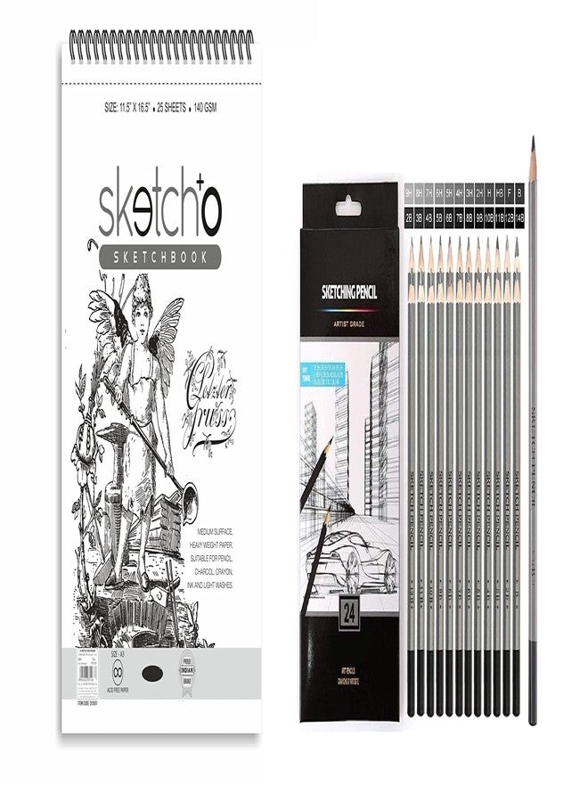 Definite Art A4 Sketch Pad for Sketching Drawing 140 GSM 50 Sheets Sketch Book with Pencils Set (Sketch Book with 24 Sketching Pencils) for Beginners and Pro Artists - Image 1