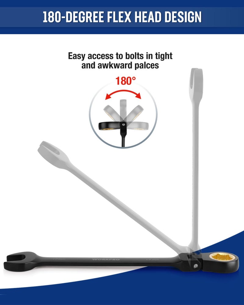 WORKPRO Ratcheting Combination Wrench Set, 8-piece Flex-Head Anti-Slip Set Metric 8-17 mm, 72-Teeth, Cr-V Constructed, Black Electrophoretic Coating with Rolling Pouch - Image 4