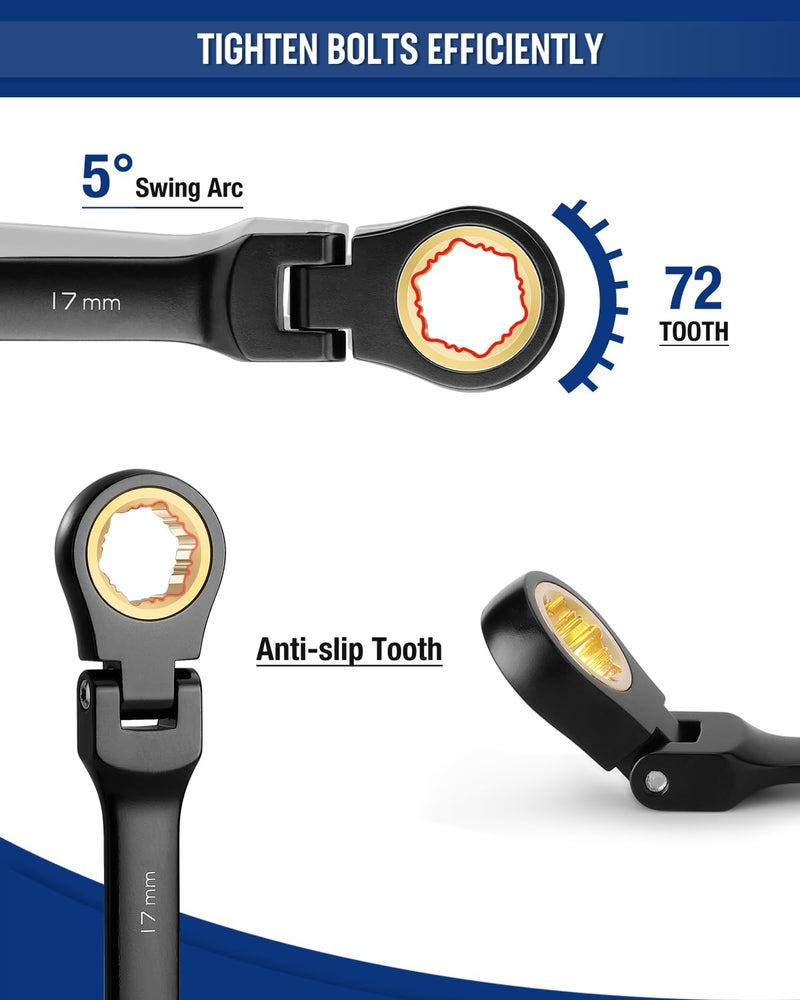 WORKPRO Ratcheting Combination Wrench Set, 8-piece Flex-Head Anti-Slip Set Metric 8-17 mm, 72-Teeth, Cr-V Constructed, Black Electrophoretic Coating with Rolling Pouch - Image 3
