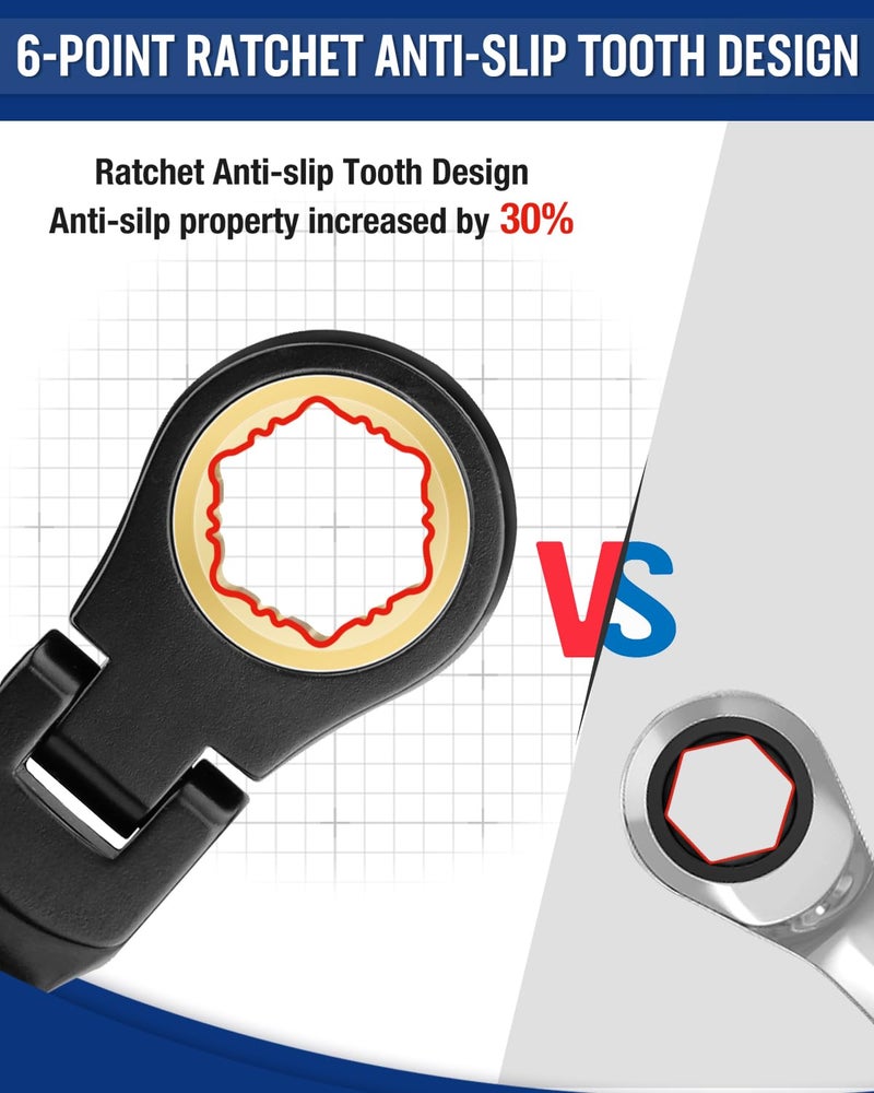 WORKPRO Ratcheting Combination Wrench Set, 8-piece Flex-Head Anti-Slip Set Metric 8-17 mm, 72-Teeth, Cr-V Constructed, Black Electrophoretic Coating with Rolling Pouch - Image 2