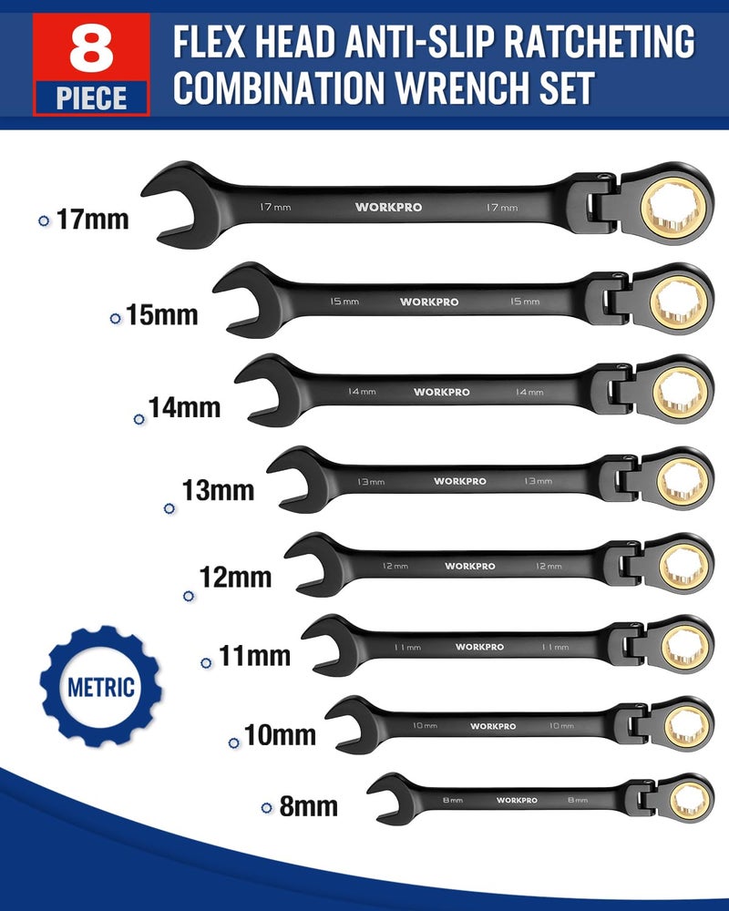 WORKPRO Ratcheting Combination Wrench Set, 8-piece Flex-Head Anti-Slip Set Metric 8-17 mm, 72-Teeth, Cr-V Constructed, Black Electrophoretic Coating with Rolling Pouch - Image 5