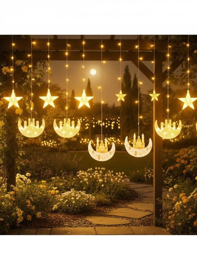 أضواء زينة رمضان ستارة النجوم والهلال LED - تصميم عصري جديد بطول 3 أمتار لأضواء عيد الفطر  أضواء خيطية للمنزل والنافذة | 8 أوضاع إضاءة  أضواء خرافية لشهر رمضان  كريم، عيد مبارك، وزينة غرفة النوم - أبيض دافئ - view 3