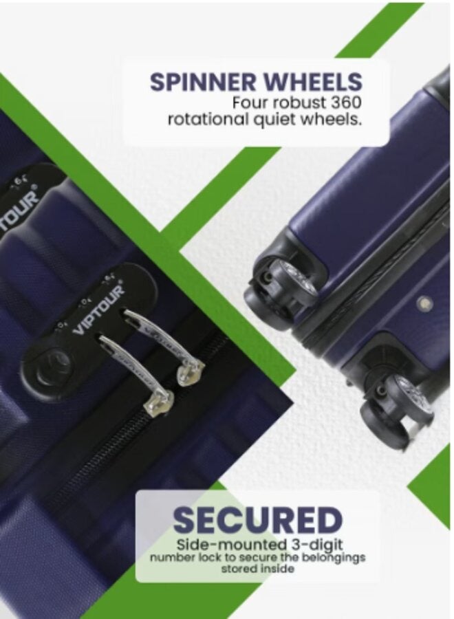 فيبتور حقيبة VIPTOUR ABS ذات الجانب الصلب للمقصورة 360 درجة دوارة 4 عجلات مع قفل رقم لحقائب السفر، VT-A507 أزرق داكن - Image 3