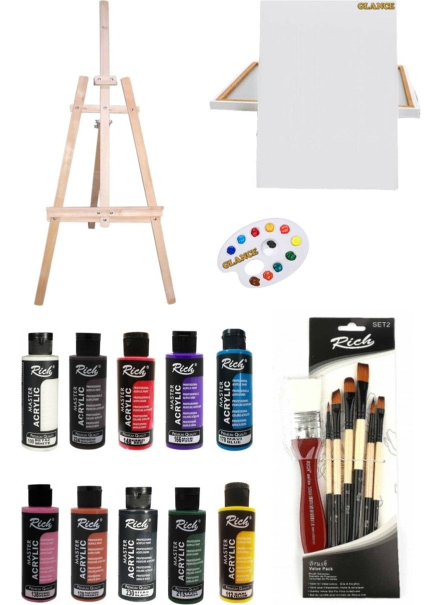 Glance Standing Easel+50X70 Canvas 10-Piece Rich Acrylic 120 Cc+7-Brush Set 