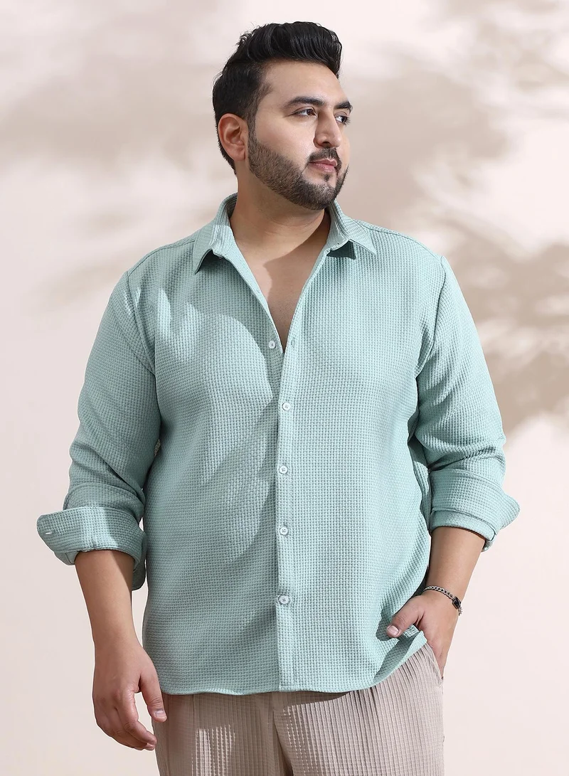Instafab Plus Instafab Plus Men's Mint Green Interweave-Tactile Shirt For Casual Wear | Spread Collar | Long Cuffed Sleeves | Button Closure | Plus Size Shirt Crafted With Comfort Fit For Everyday Wear
