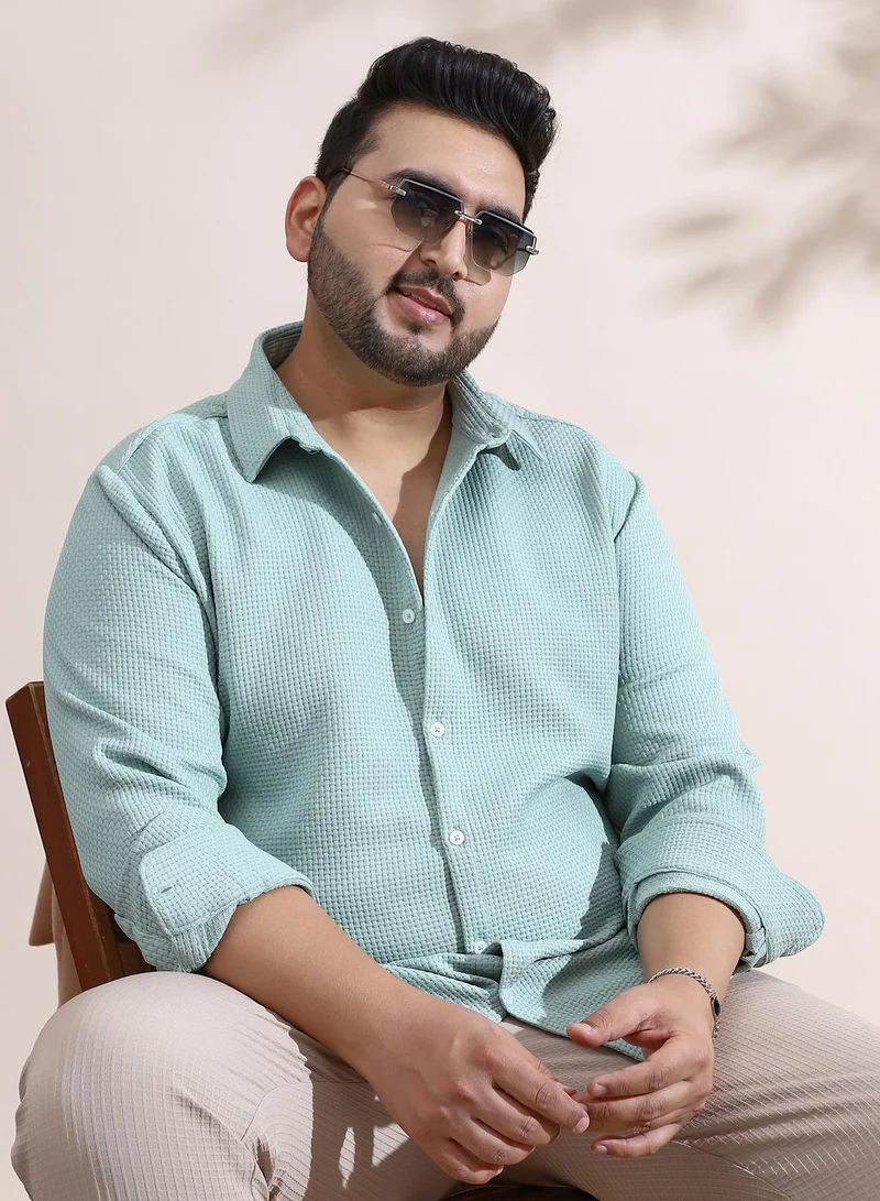 Instafab Plus Instafab Plus Men's Mint Green Interweave-Tactile Shirt For Casual Wear | Spread Collar | Long Cuffed Sleeves | Button Closure | Plus Size Shirt Crafted With Comfort Fit For Everyday Wear