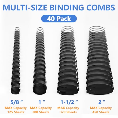 HOUYEE 40 Pack Multi-Size Ring Binding Combs: 5/8 Inch, 1 Inch, 1-1/2 Inch,2 Inch,Letter Size Black Plastic Spines - Image 2