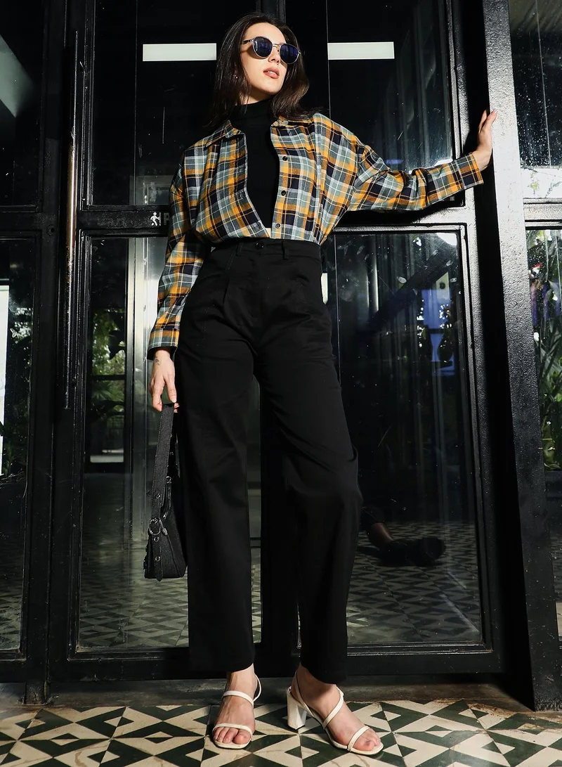 PINACOLADA Women's Shadow-Plaid Oversized Shirt | Spread Collar , Long Button-Cuff Sleeves, Button Closure | Plaid Twill Woven Shirt For Casual & Daily Wear | Mango Yellow & Midnight Black