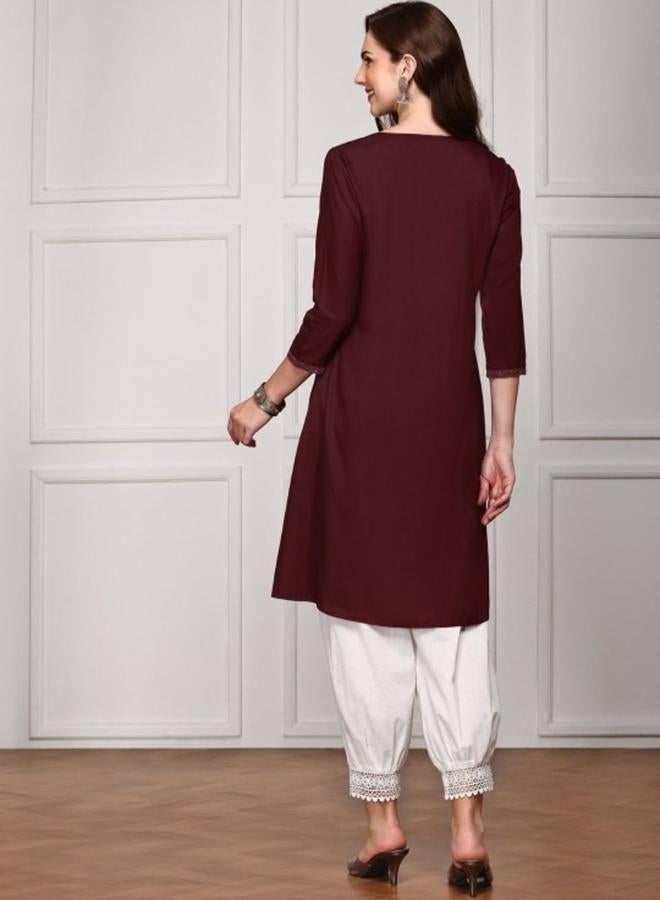 ISHIN Women's Maroon Rayon Printed Tunic Straight Fit Kurta - Image 5