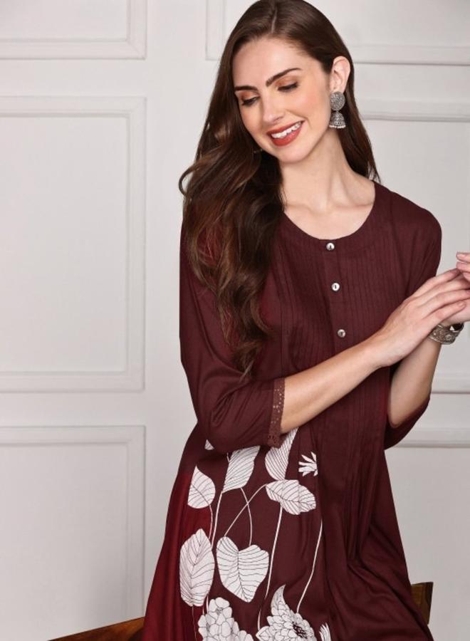 ISHIN Women's Maroon Rayon Printed Tunic Straight Fit Kurta - Image 2