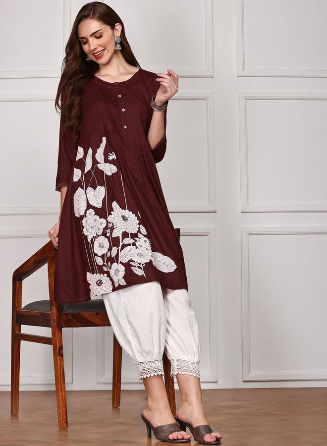 ISHIN Women's Maroon Rayon Printed Tunic Straight Fit Kurta - Image 3