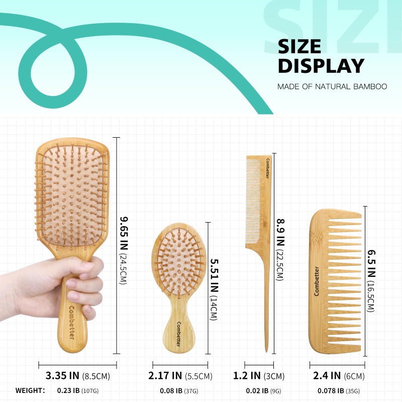 Combetter 100% Bamboo Hair Brushes and Comb Set by Combetter, Comb for Women and Detangling, Great on All Hair, Eco-Friendly and Handmade for Women Men and Kids - Image 5