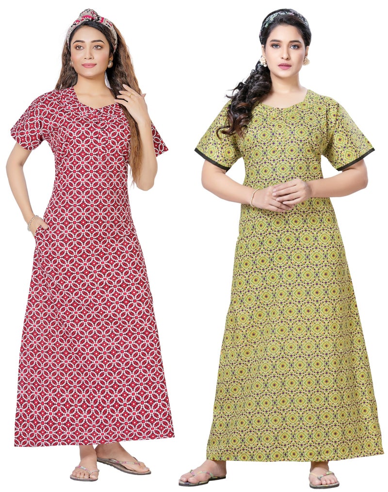 Keyocean Women's Cotton Printed Nighty Night Gown Maxi Free Size (Pack of 2) Red & Green - Image 1