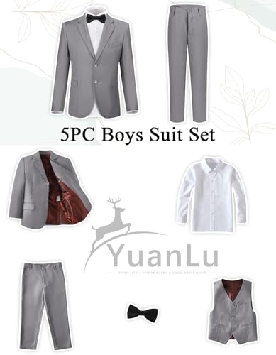 YuanLu Boys Colorful Formal Suits 5 Piece Slim Fit Dresswear Suit Set (Gray, 14) - Image 2