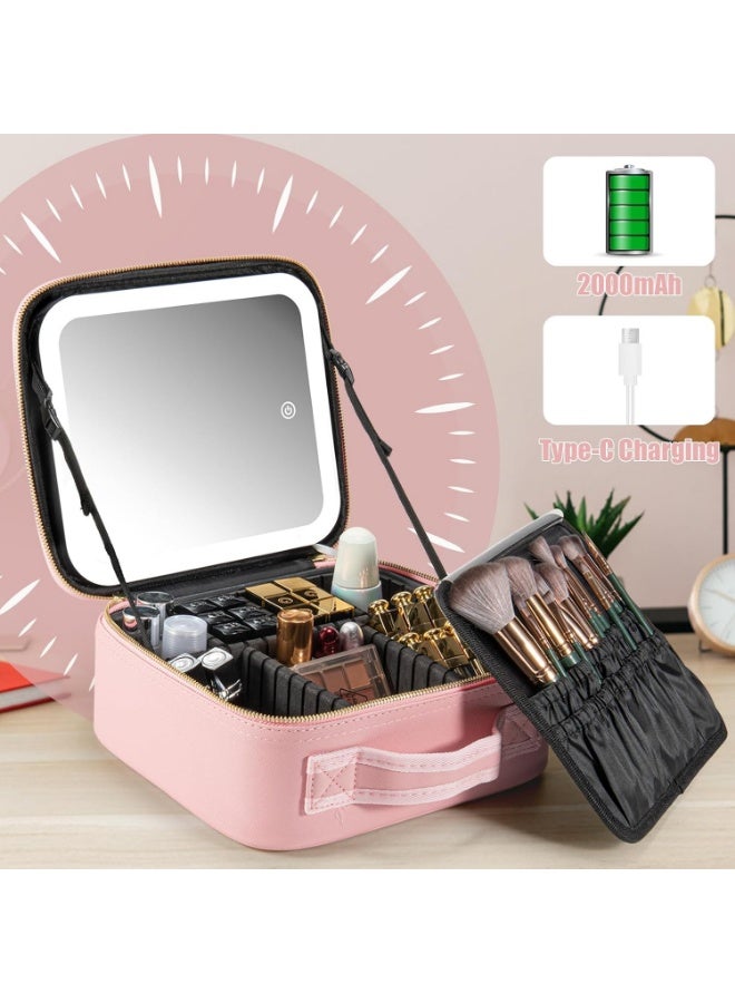 شنطة مكياج للسفر مع مراة واضاءة LED و3 درجات سطوع قابلة للتعديل، شنطة مستحضرات تجميل محمولة للتخزين قابلة للتعديل ومقاومة للماء وفرش المكياج والمجوهرات هدية للنساء, زهري, محمول - Image 2