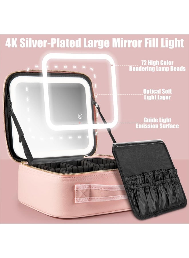 شنطة مكياج للسفر مع مراة واضاءة LED و3 درجات سطوع قابلة للتعديل، شنطة مستحضرات تجميل محمولة للتخزين قابلة للتعديل ومقاومة للماء وفرش المكياج والمجوهرات هدية للنساء, زهري, محمول - Image 5